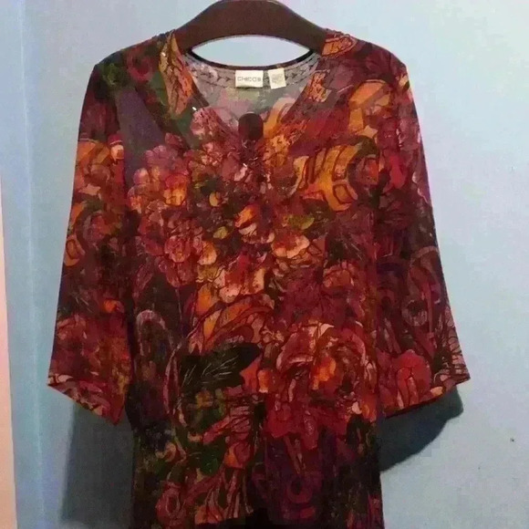 Chicos multicolor jewel embellished 100% silk size 0 front tie sheer lightweight - Picture 7 of 8